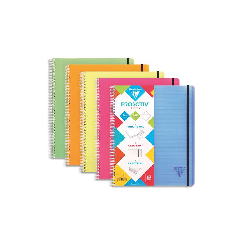 CLAIREFONTAINE Cahier Linicolor Proactive spirale PP 160p lign&eacute; format 22,5x29,7cm.Coloris assortis Fresh