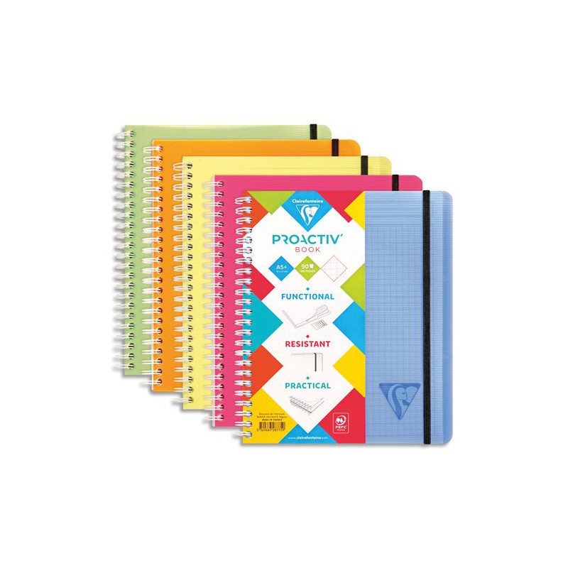 CLAIREFONTAINE Cahier Linicolor Proactive spirale PP 180p 5x5 format 16x21cm. Coloris assortis Fresh