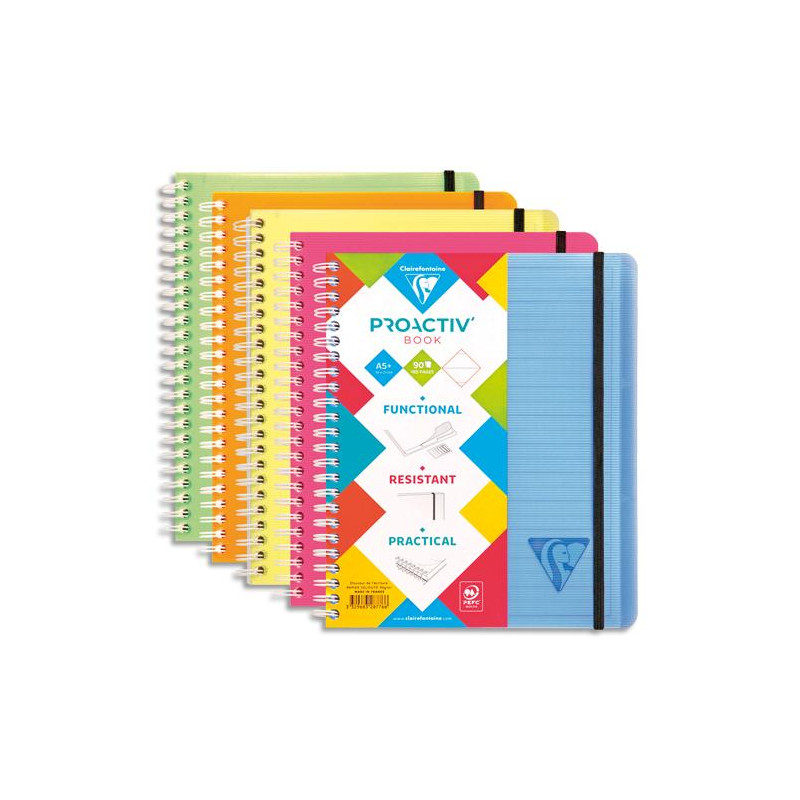 CLAIREFONTAINE Cahier Linicolor Proactive spirale PP 180p lign&eacute; format 16x21cm. Coloris assortis Fresh