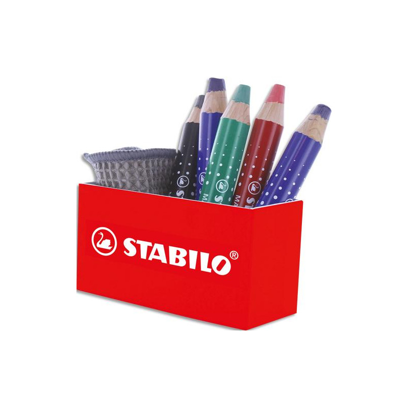 STABILO Pot aimant&eacute; incluant 5 crayons marqueurs tableaux blanc Markdry + 1 chiffonnette.