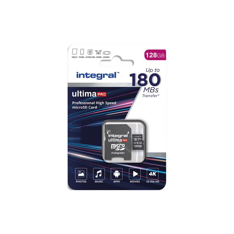 INTEGRAL Carte micro SDXC+adaptateur 128 Go class10&#47;A2 180mb&#47;s lecture, 90mb&#47;s &eacute;criture