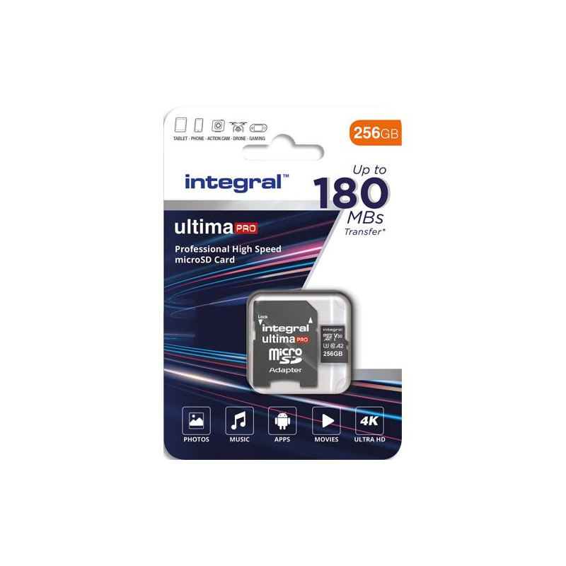 INTEGRAL Carte micro SDXC+adaptateur 256 Go class10&#47;A2 180mb&#47;s lecture, 130mb&#47;s &eacute;criture