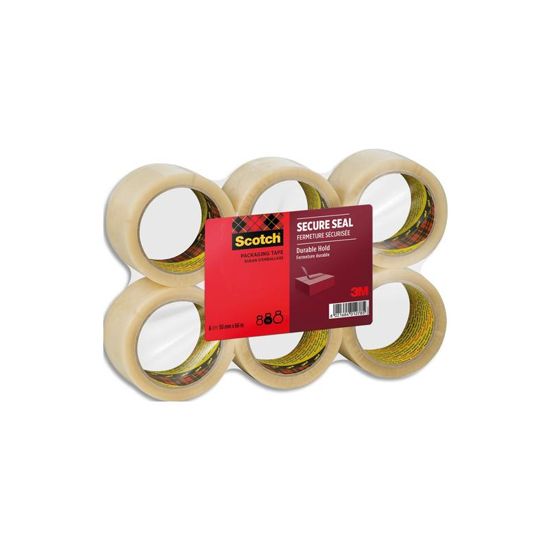 3M Ruban adh&eacute;sif d&#39;emballage Secure Seal pour fermeture s&ucirc;re, transparent, 50mmx66 m, lot de 6 rouleaux