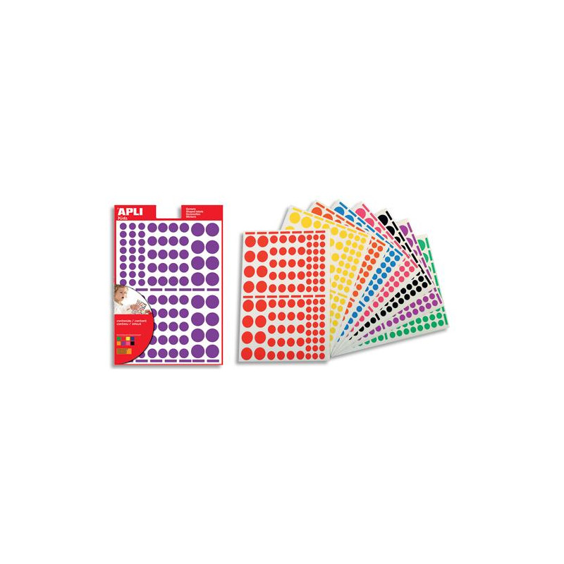 APLI Pochette de 18 planches de Gommettes rondes, tailles et couleurs assorties