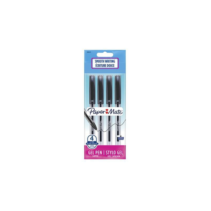 PAPERMATE Sachet de 4 stylos Gel Jiffy à capuchon pointe ultra fine 0,5 mm. Encre Noire.