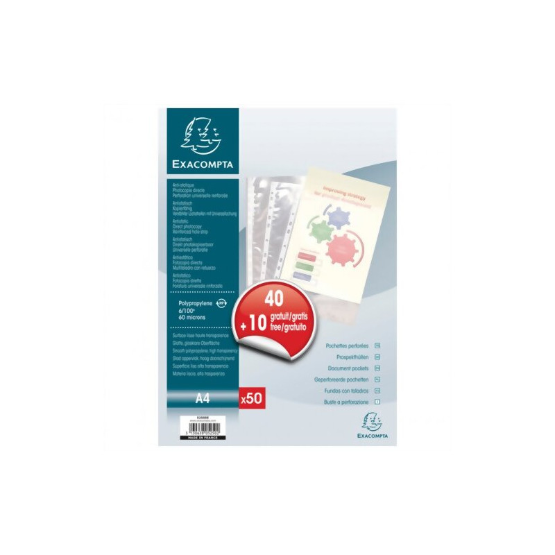 EXACOMPTA Sachet de 50 pochettes perforées A4 en polypropylène lisse 6/100e