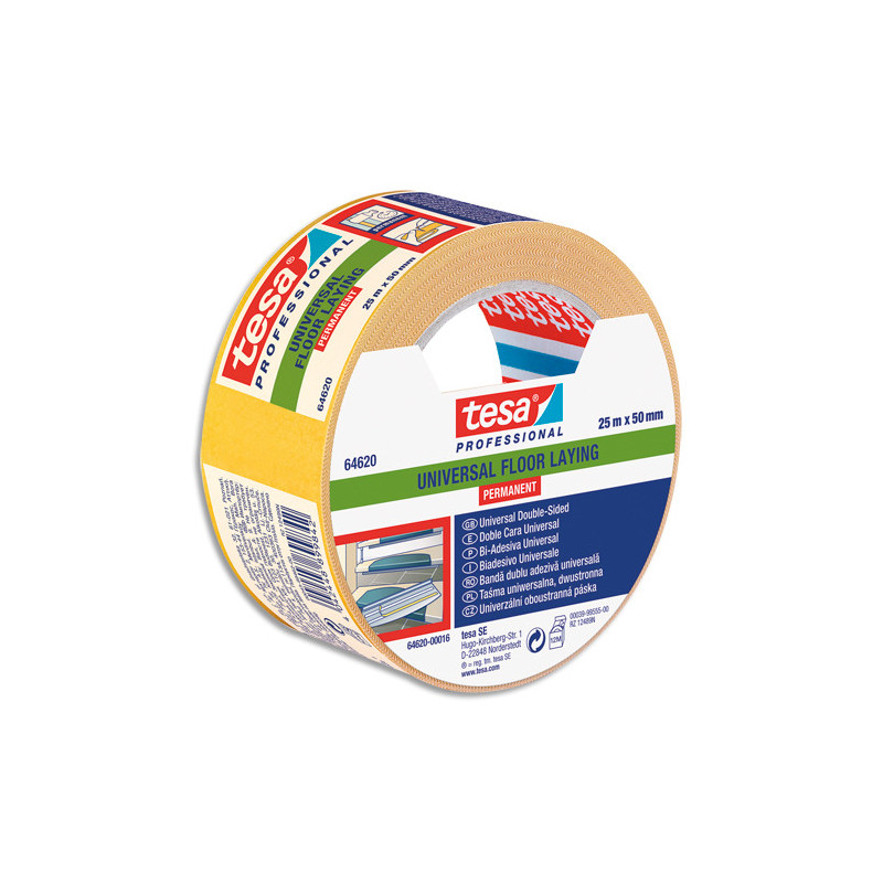 TESA Rouleau Adhésif double face pour fixation extra-forte, 50 mm x 25 m, Blanc pellicule Jaune