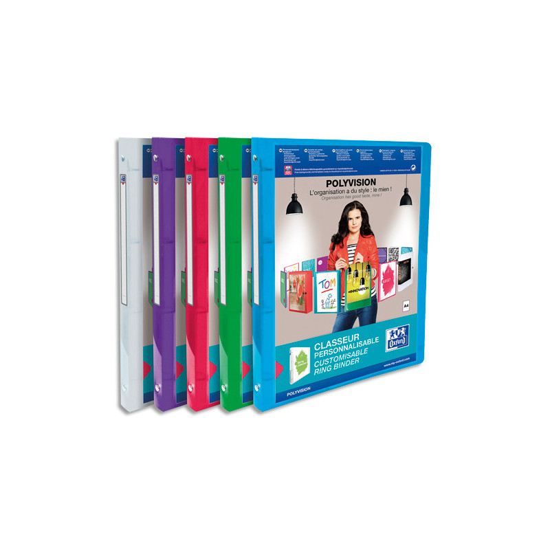 OXFORD Classeur Polyvision A4 dos 20 mm 4 anneaux ronds en PP translucide assorti