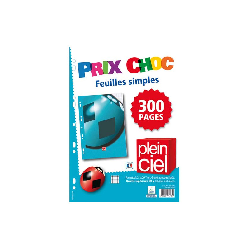 PLEIN CIEL Lot de 300 pages copies simples format A4 grands carreaux Seyès 90g perforées.