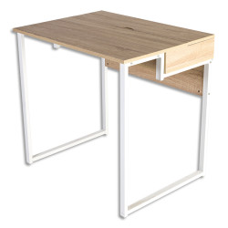 Bureau home-office Aladin plateau chêne clair, structure acier blanche - Dimensions : L80 x H75 x P60 cm