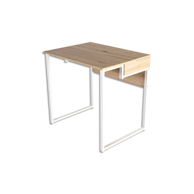 Bureau home-office Aladin plateau chêne clair, structure acier blanche - Dimensions : L80 x H75 x P60 cm