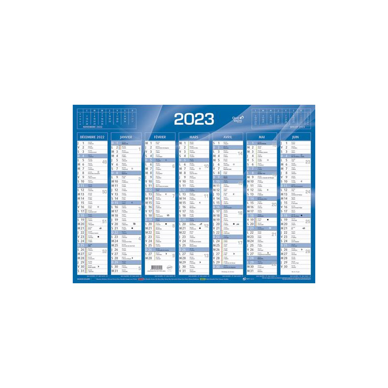 QUO VADIS Calendrier 7 mois par face avec vacances scolaires en haut, format 55 x 40,5 cm Bleu