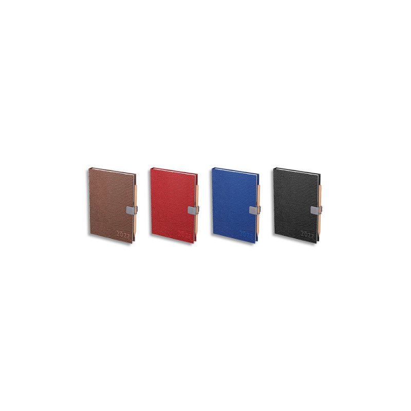 LECAS Agenda de poche LEZARD 2J/P + verrou et crayon, 7,4x11cm assortiment Noir / Marron / Rouge / Bleu