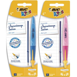 BIC Blister 1 stylo bille TWIST BEGINNERS+1 recharge. Pointe large, encore Bleue. Corps Rose ou Bleu