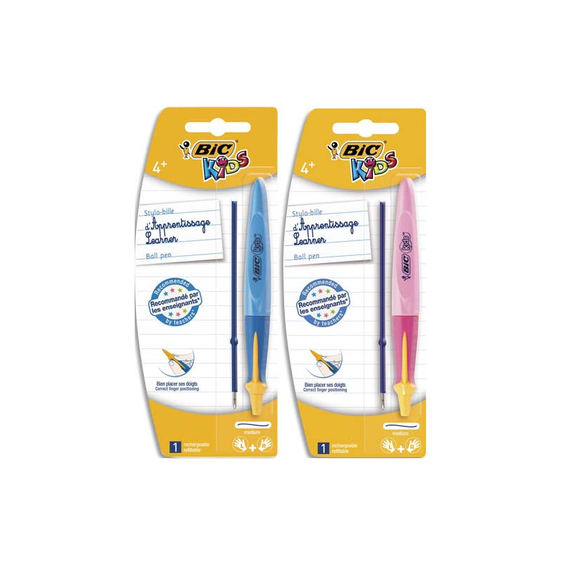 BIC Blister 1 stylo bille TWIST BEGINNERS+1 recharge. Pointe large, encore Bleue. Corps Rose ou Bleu