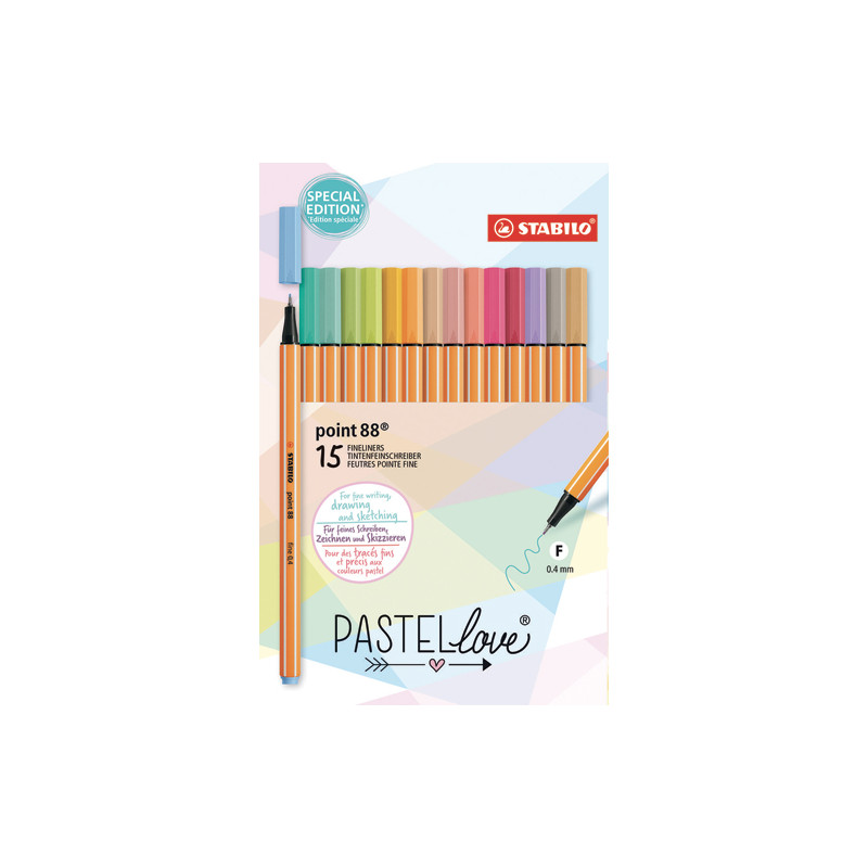 STABILO Etui de 15 stylos-feutres Point 88 Pastellove. Pointe fine (0,4 mm). Coloris assortis