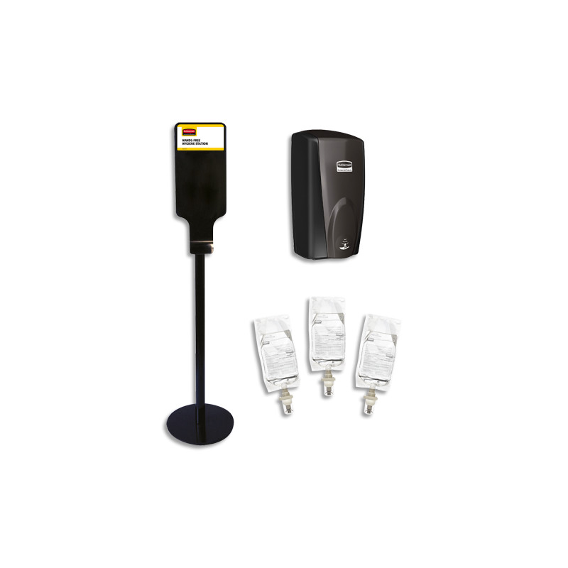 RUBBERMAID Kit 1 borne, 1 distributeur AutoFoam sans contact noir et 3 recharges de nettoyant sans alcool