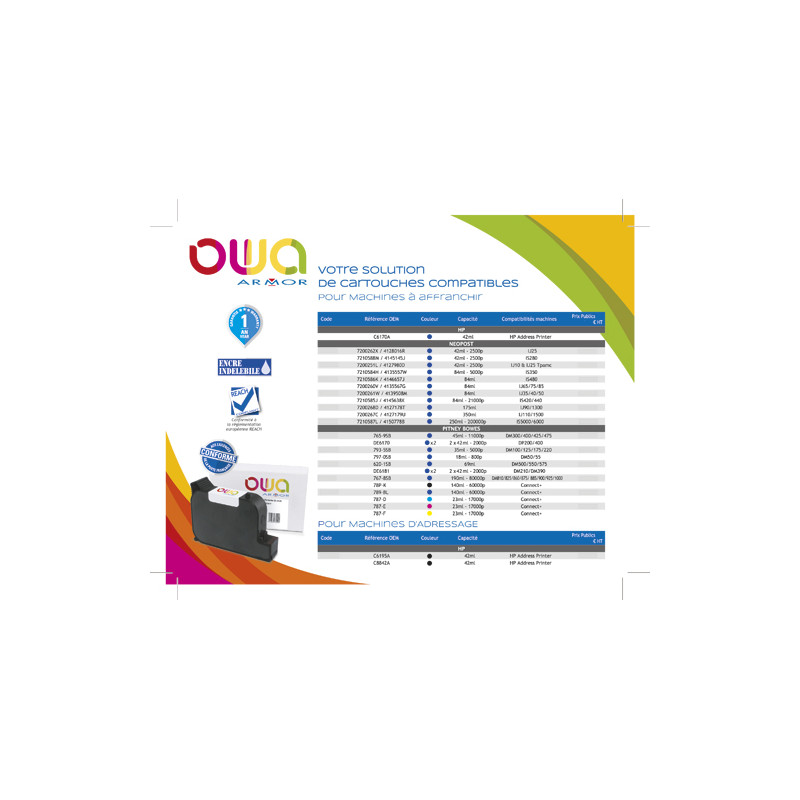 OWA Cartouche compatible machine à affranchir HP Address Printer C6170A. Capacité 42ml