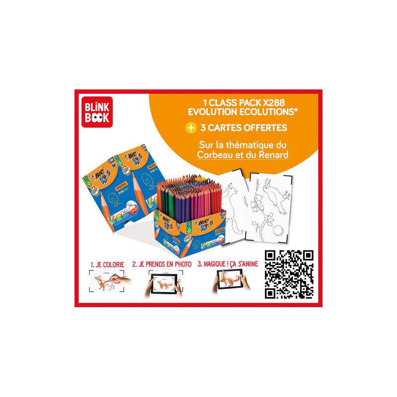 BIC Kids Evolution ECOlutions Crayons de Couleur en Résine Sans Bois, Classpack de 288 + Cartes Animées