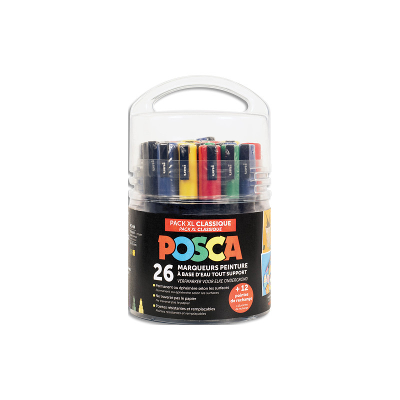 UNI POSCA Pot de 26 marqueurs peinture à eau classiques, couleurs assorties + 30 masques à décorer