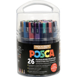 UNI POSCA Pot de 26 marqueurs peinture à eau thème festif, couleurs assorties + 30 masques à décorer