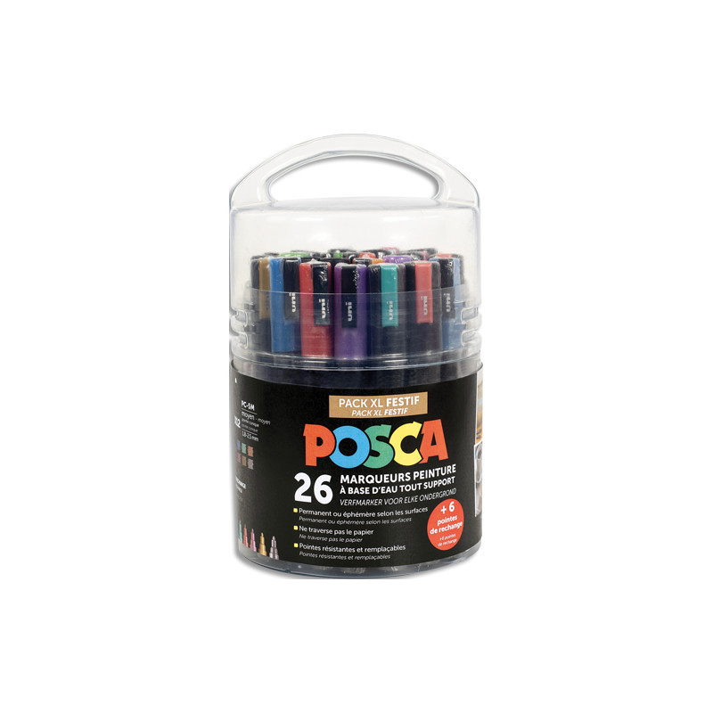 UNI POSCA Pot de 26 marqueurs peinture à eau thème festif, couleurs assorties + 30 masques à décorer