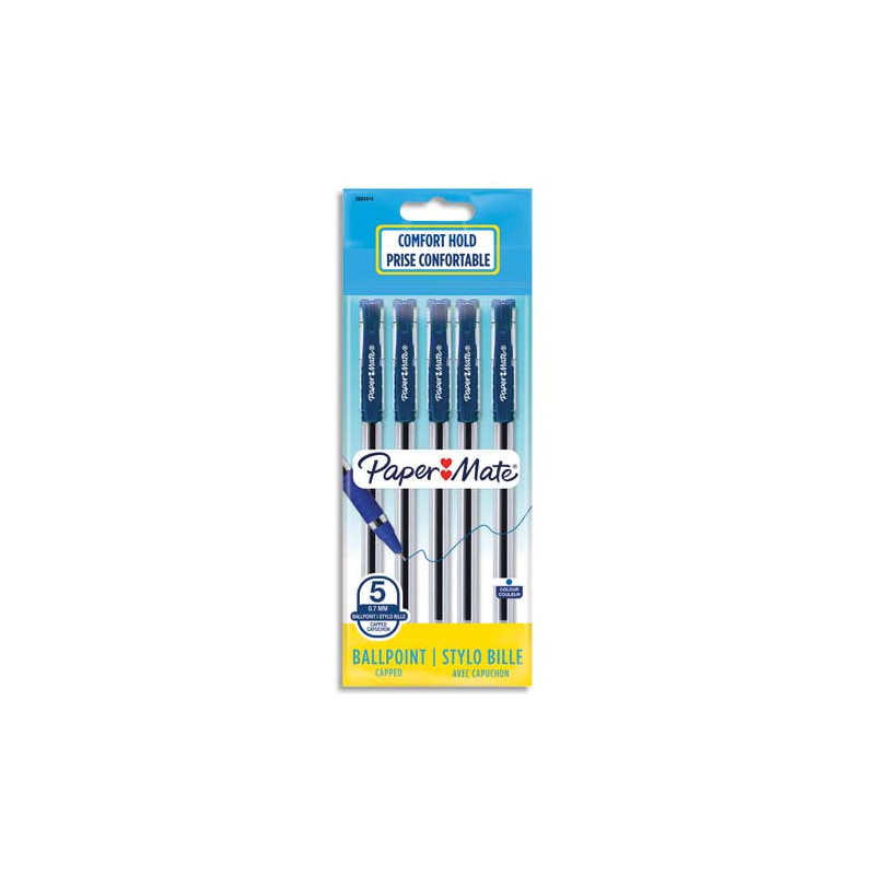 PAPERMATE Sachet de 5 stylos bille Brite à capuchon pointe moyenne 0,7 mm. Encre Bleue.