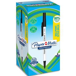 PAPERMATE Boîte de 50 stylos à bille KILOMETRICO à capuchon, recyclé à 80%. Pointe moyenne 1.0 mm - noir