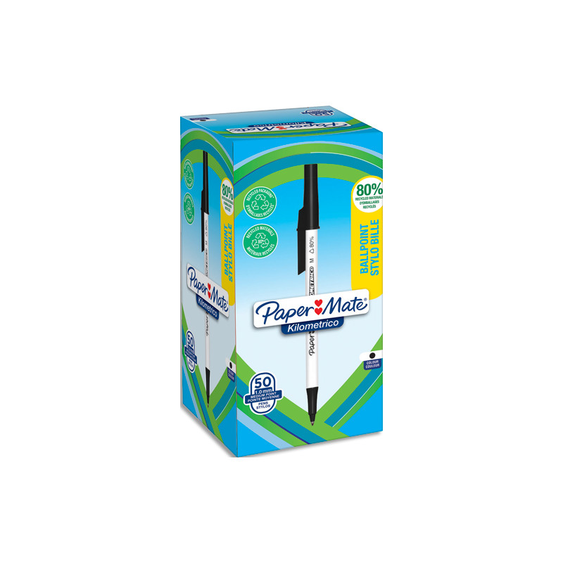 PAPERMATE Boîte de 50 stylos à bille KILOMETRICO à capuchon, recyclé à 80%. Pointe moyenne 1.0 mm - noir