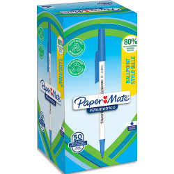 PAPERMATE Boîte de 50 stylos à bille KILOMETRICO à capuchon, recyclé à 80%. Pointe moyenne 1.0 mm - bleu