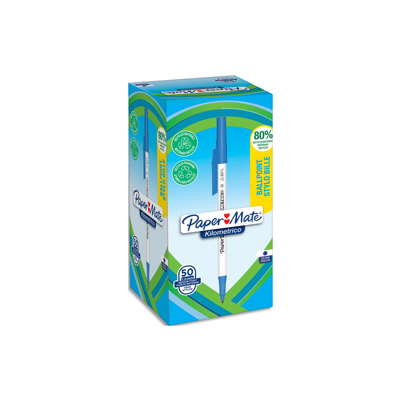 PAPERMATE Boîte de 50 stylos à bille KILOMETRICO à capuchon, recyclé à 80%. Pointe moyenne 1.0 mm - bleu