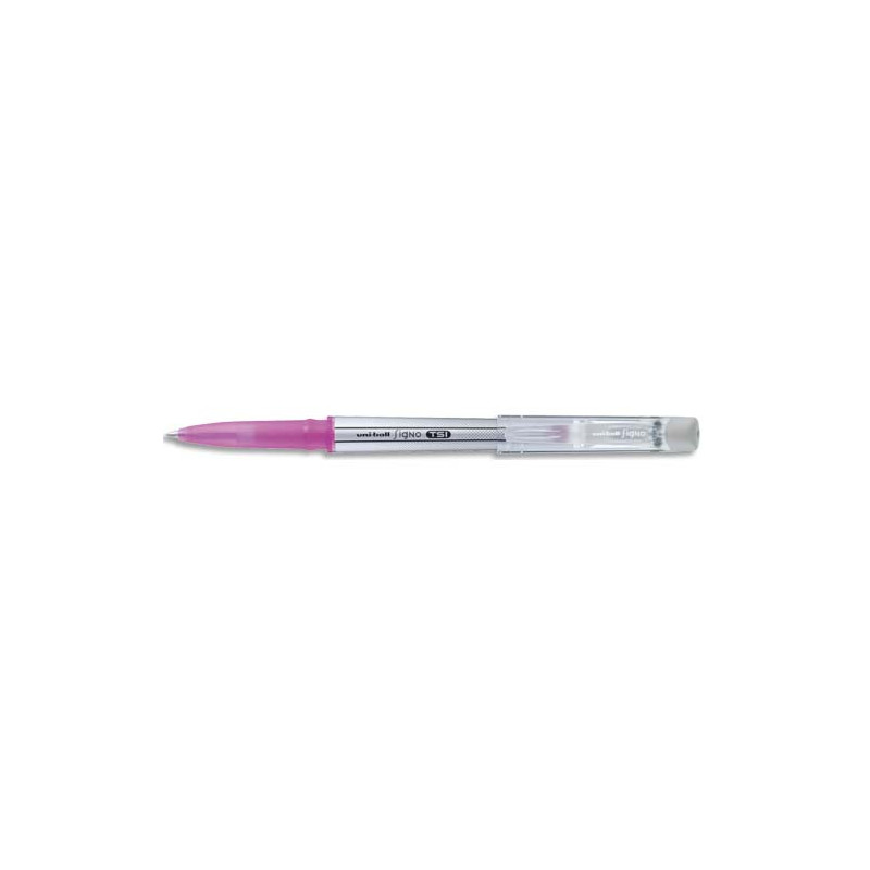 UNI-BALL Roller encre gel Rose effaçable Signo TSI. 0,7mm moyenne. Double gomme: capuchon et embout stylo