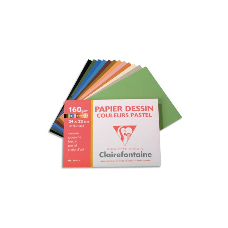 CLAIREFONTAINE Pochette de 12 feuilles papier dessin couleur teintes pastels 160g 24x32 Ref-96772