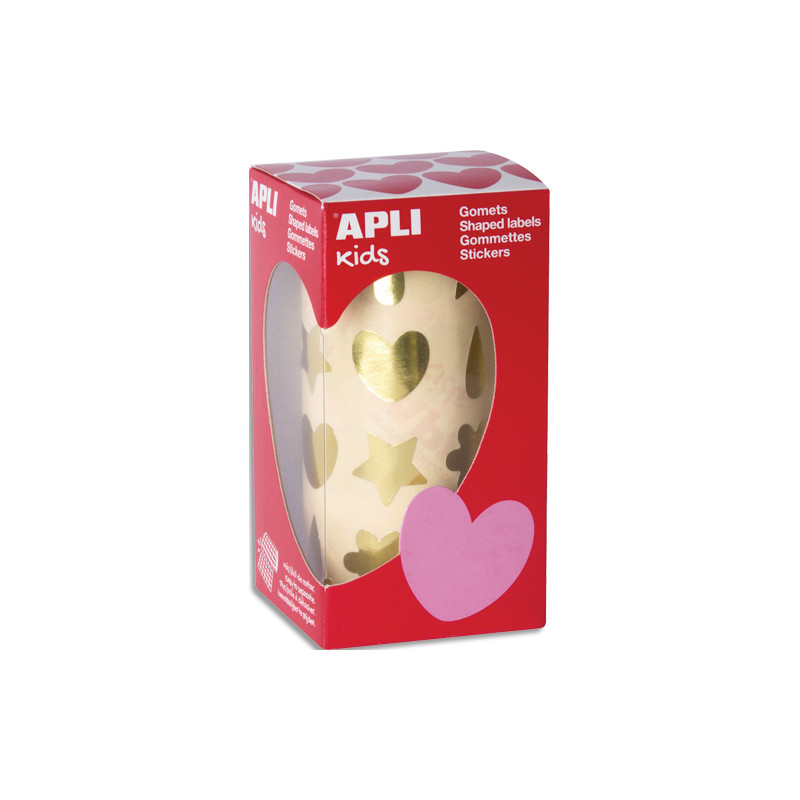 APLI KIDS Boîte de gommettes en rouleau forme cur, fleurs, larmes et étoiles couleur or