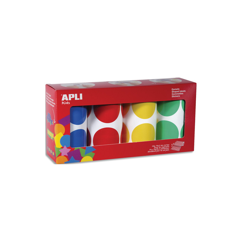APLI KIDS Boîte de 4 rouleaux de gommettes rondes 45mm (1 416 unités), couleurs ass (jne, bl, rge et vrt)