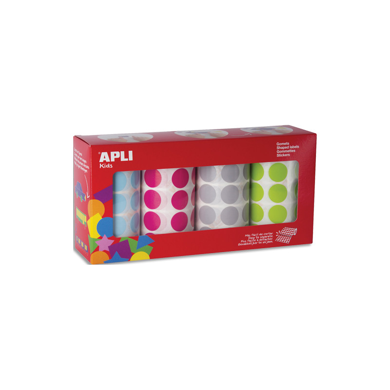 APLI KIDS Boîte de 4 rouleaux de gommettes rondes 20mm (7 080 unités), couleurs ass (bl, fush, gr et vrt)
