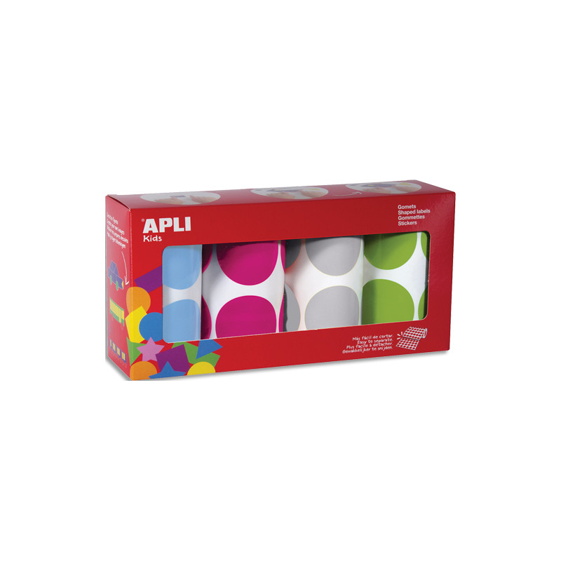 APLI KIDS Boîte de 4 rouleaux de gommettes rondes 45mm (1416 unités), couleurs ass (bl, fush, gris, vrt)