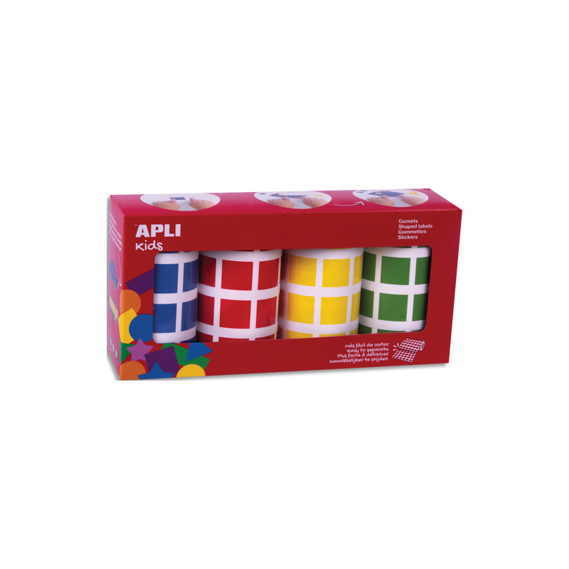 APLI KIDS Boîte de 4 rouleaux de gommettes carrées 20mm (7080 unités), couleurs ass (bl, rge, jne, vrt)