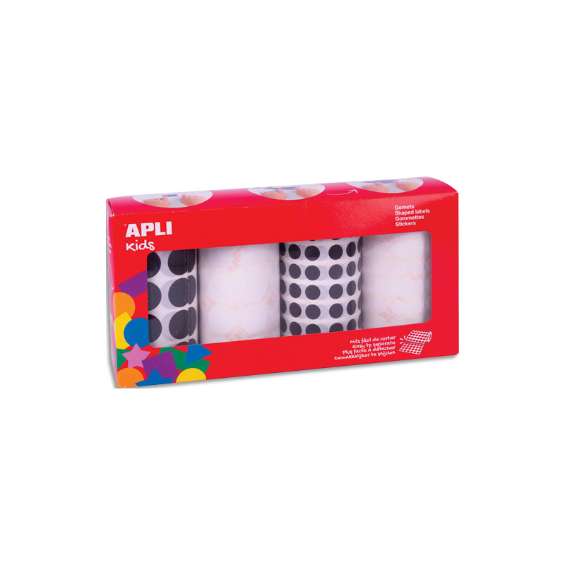 APLI KIDS Boîte de 4 rouleaux de gommettes rondes noires et blc (13924 unités), diamètre 20 et 10,5 mm