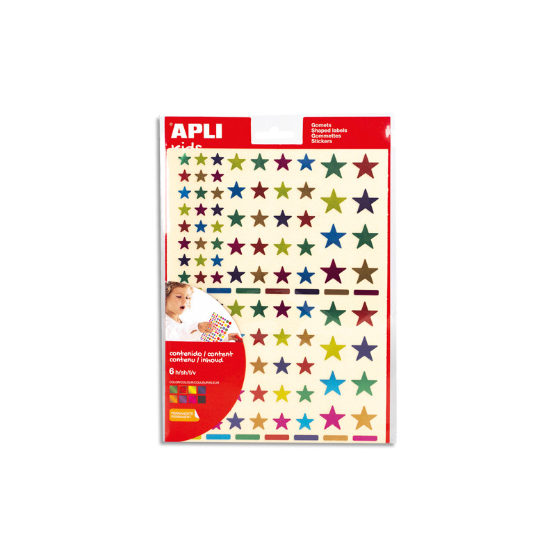 APLI KIDS Pochette de 6 feuilles (624 u) de gommettes forme étoiles couleurs métallisées