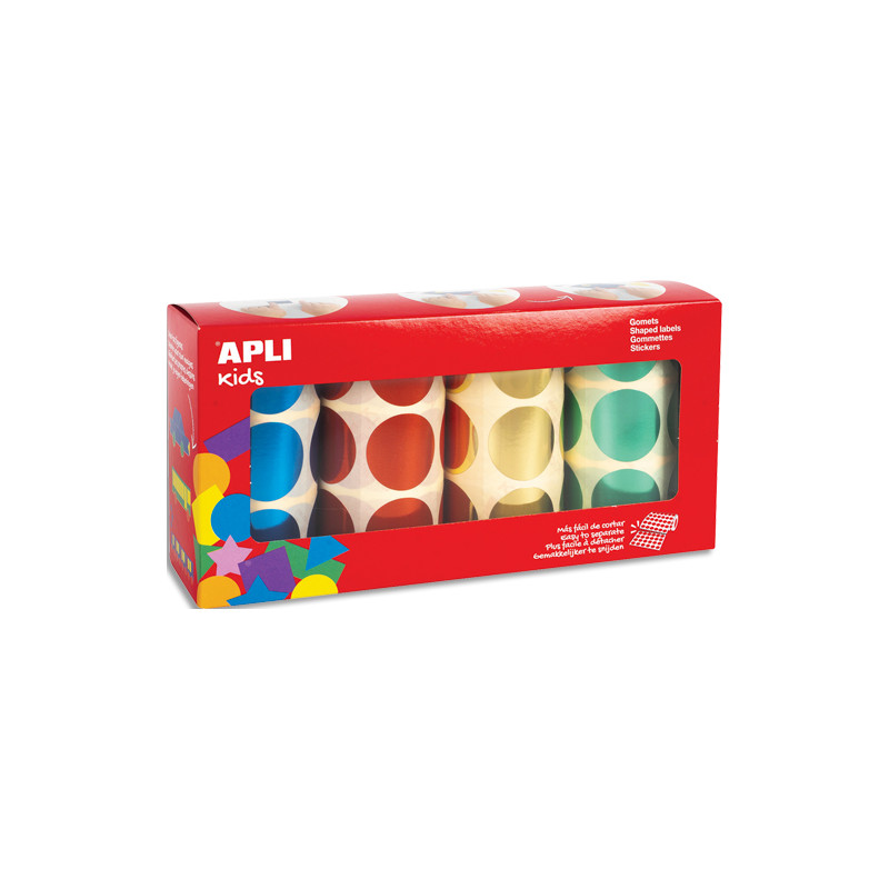 APLI KIDS Boîte de 4 rouleaux de gommettes rondes 33mm (2256 unités), couleurs métal assorties