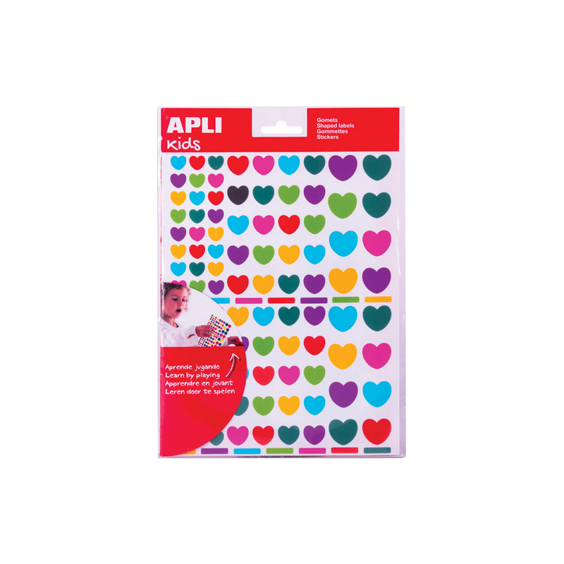 APLI KIDS Pochette de 6 feuilles (624 u) de gommettes forme coeur couleurs peps