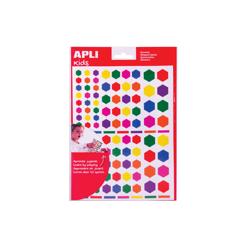APLI KIDS Pochette de 6 feuilles (624 u) de gommettes forme hexagonales couleurs assorties