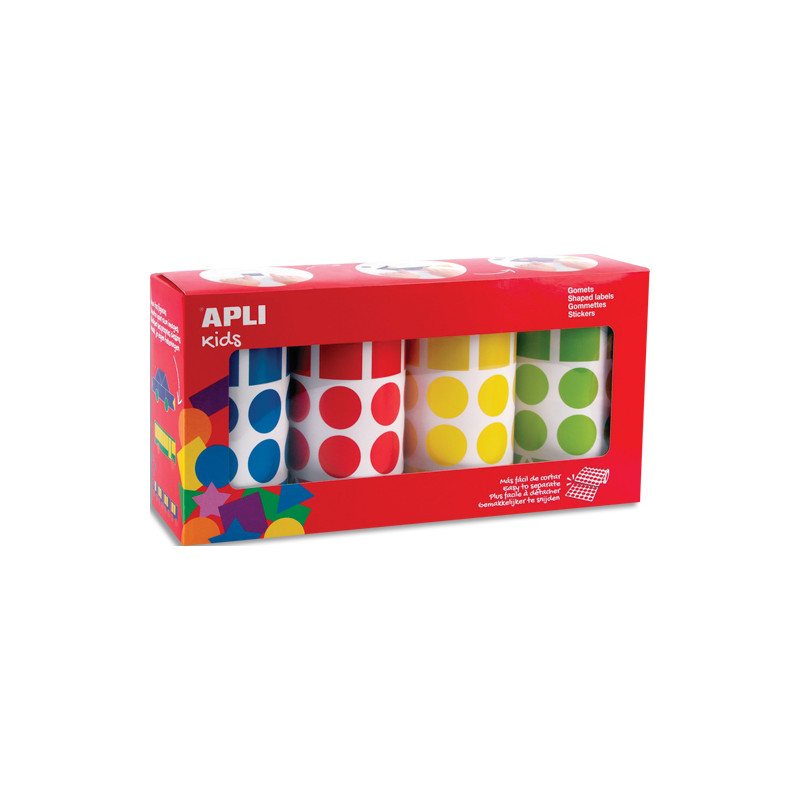 APLI KIDS Boîte de 4 rouleaux de gommettes (8260 u) géométrique 20mm, couleurs ass (jne, bl, rge, vrt)