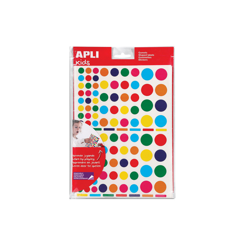 APLI KIDS Pochette de 60 feuilles (7410 u) de gommettes enlevables rondes de tailles (20 mm) et coul ass