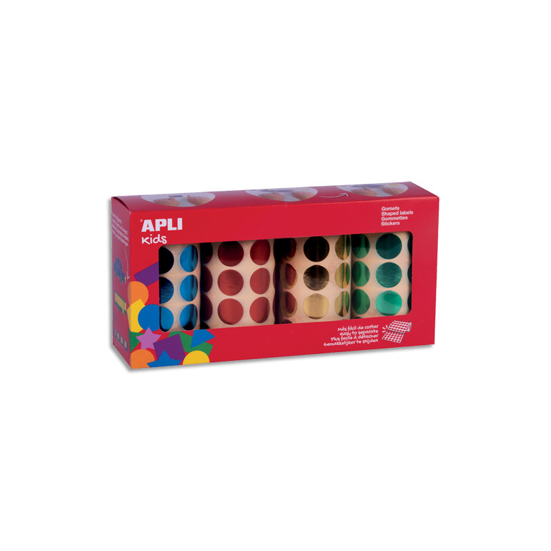 APLI KIDS Boîte de 4 rouleaux de gommettes (5640 u) rondes 20mm, couleur assorties (bl, rge, vrt, jne)