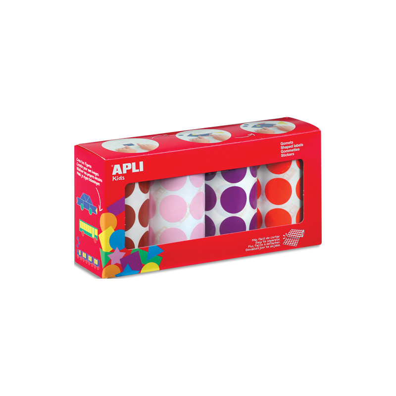 APLI KIDS Boîte de 4 rouleaux de gommettes (2832 u) rondes 33mm, couleur ass (marron, rose, lila, orge)