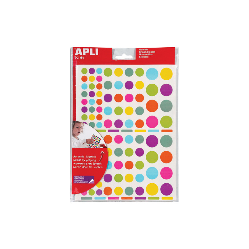APLI KIDS Pochette de 20 feuilles (2080 u) de gommettes enlevables rondes de tailles (20 mm) et coul peps