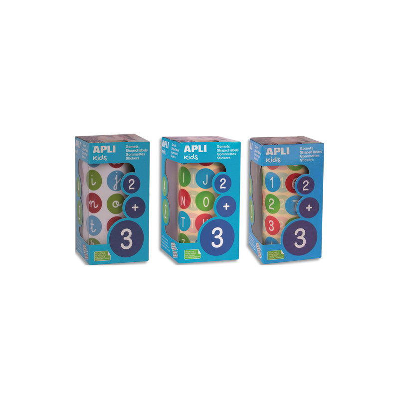 APLI KIDS Boîte de 3 rouleaux de gommettes lettres majuscules ABC + chiffres 123 20 mm assorties
