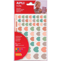 APLI KIDS Pochette de 6 feuilles (624 u) de gommettes enlevables forme cur, couleurs nordik assorties